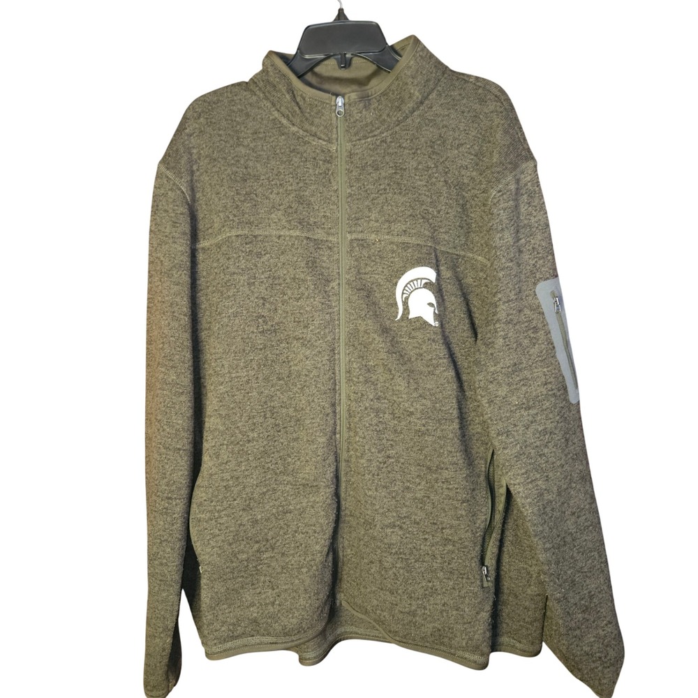 Michigan State Spartans Mens XXL Full Zip Sweater Fleece Jacket Olive Green MSU